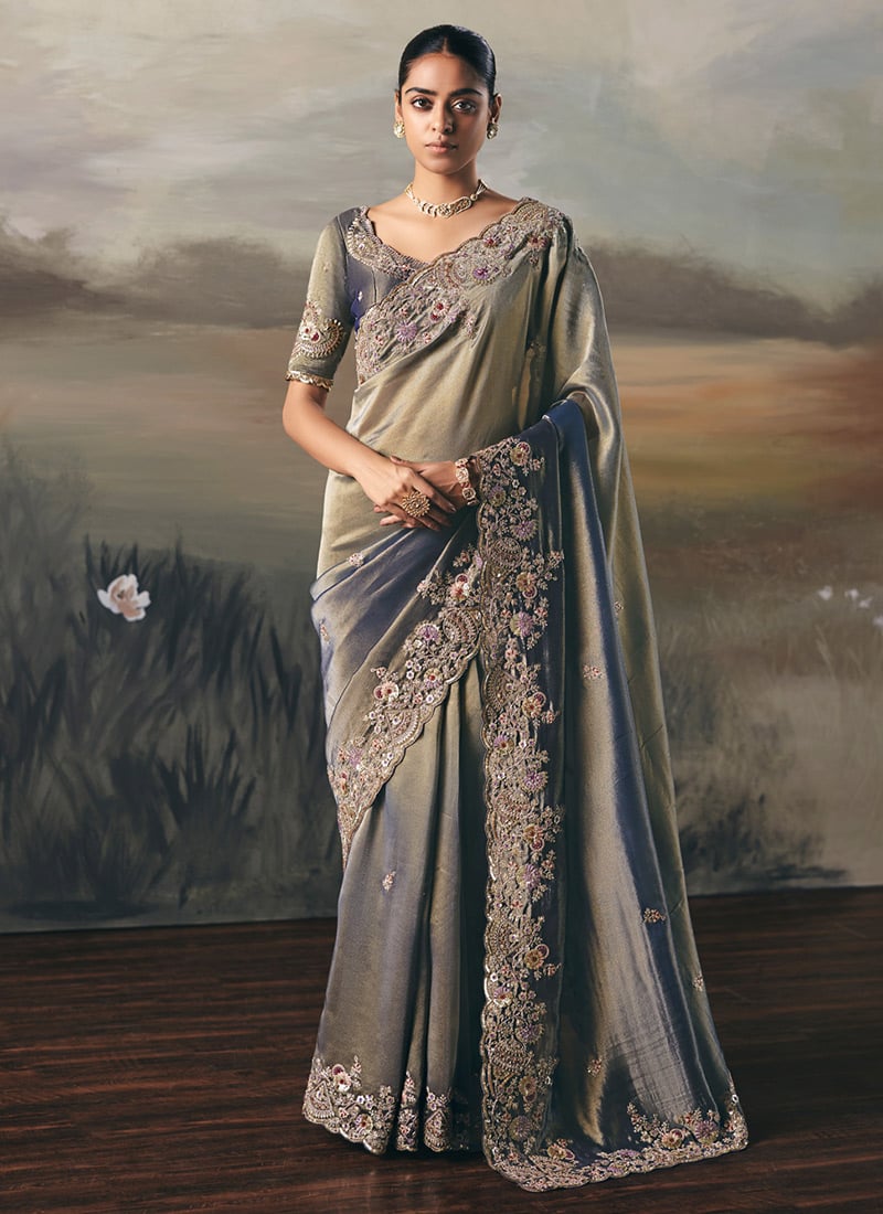 Steel Grey Silk Zari Embroidered Sequins Saree Wedding Wear