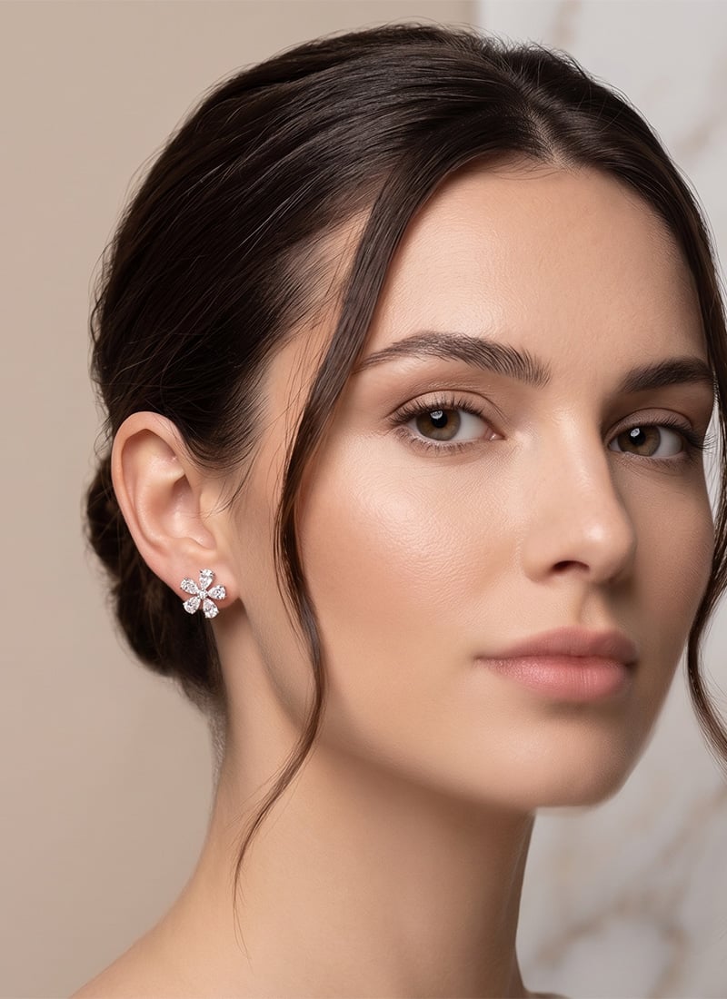 Sterling Silver Pear and Round Moissanite Floral Stud Earrings After Six Wear