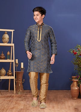 Stone Blue Jacquard Silk Kurta Pyjama
