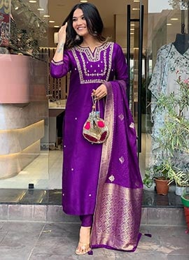 Straight Pant Suit For Women in Violet Viscose Embroidered Jacquard Print