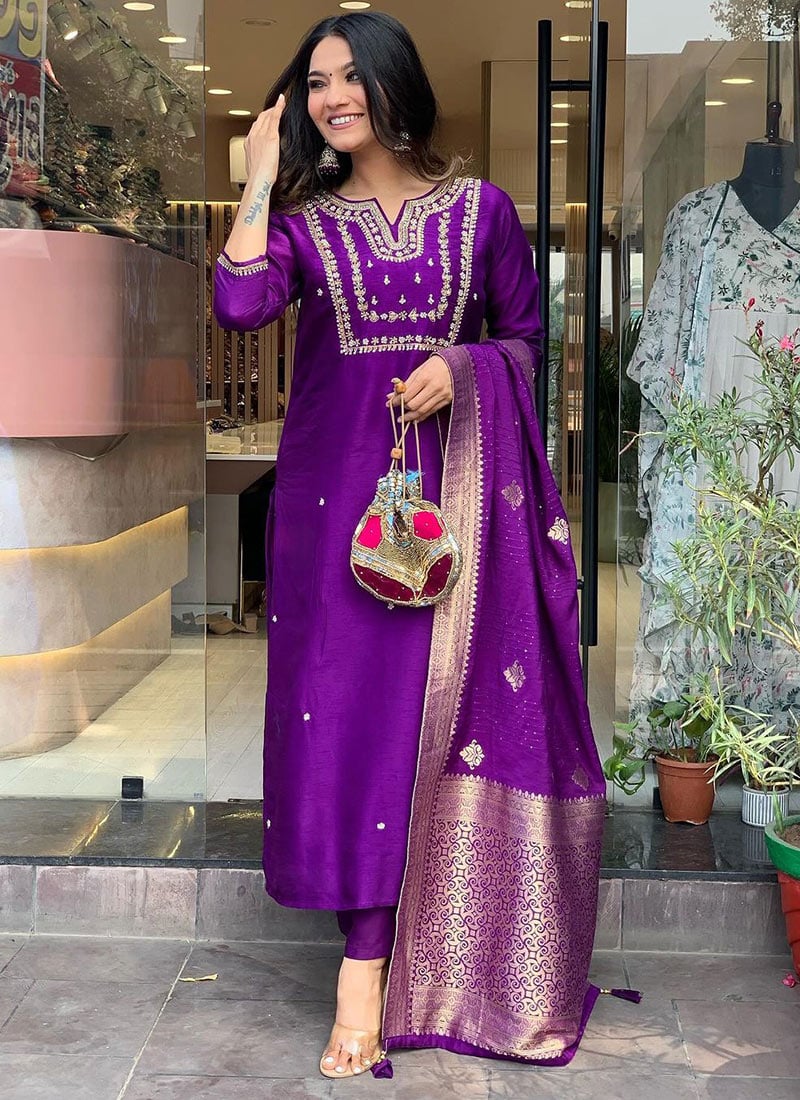 Straight Pant Suit For Women in Violet Viscose Embroidered Jacquard Print Party Wear
