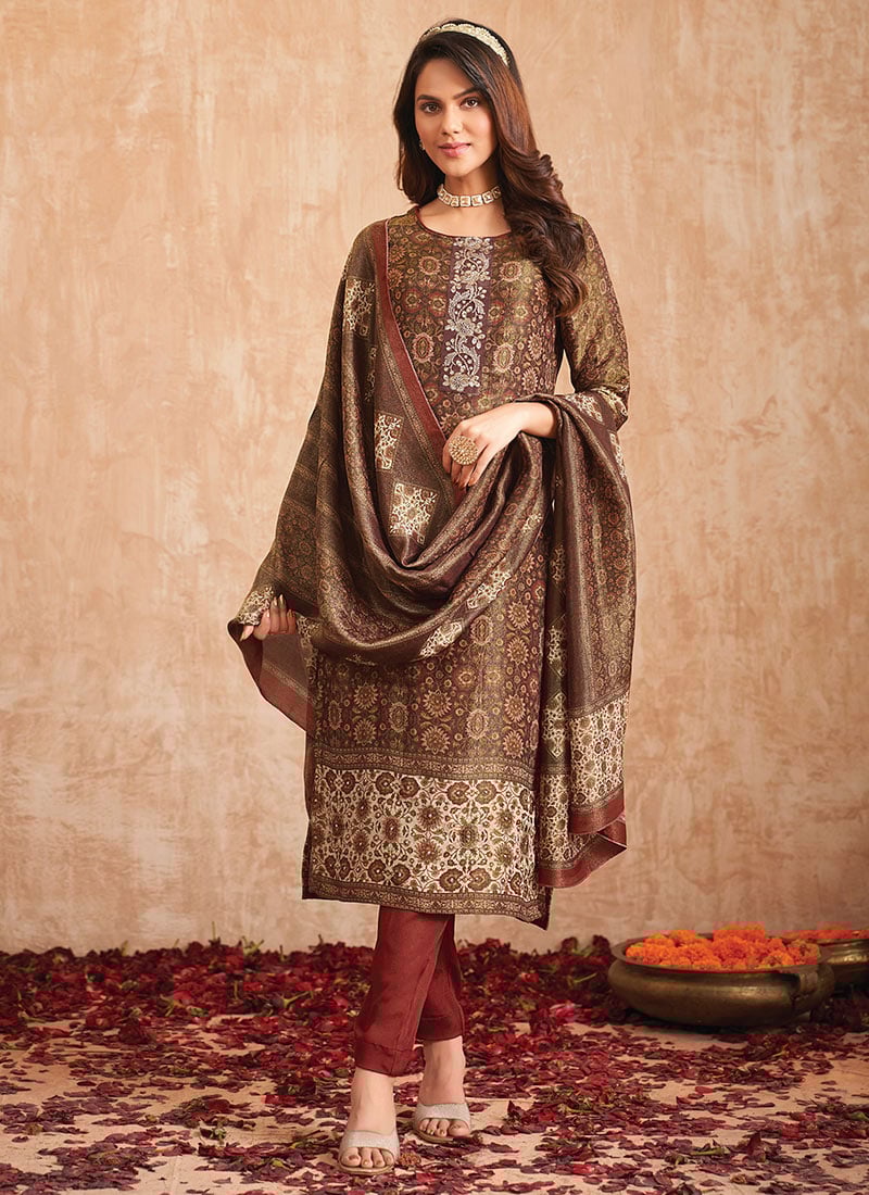 Straight Pant Suit In Brown Tissue Shimmer Digital Print And Hand Work