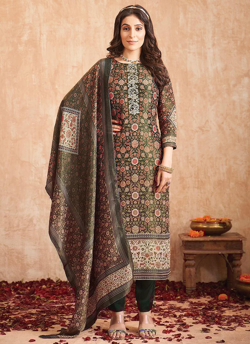 Straight Pant Suit In Green Tissue Shimmer Digital Print And Hand Work After Six Wear