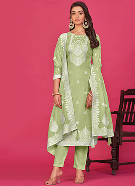 Straight Pant Suit In Pista Green Organza Thread Woven Indian Wear