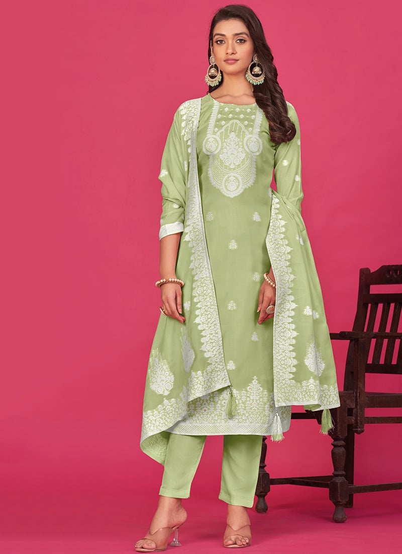 Straight Pant Suit In Pista Green Organza Thread Woven Indian Wear After Six Wear