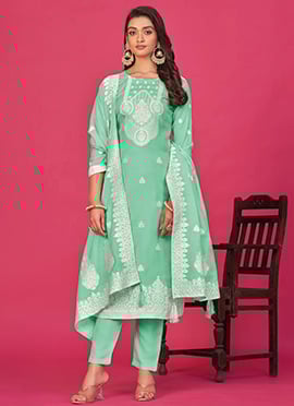 Straight Pant Suit In Sea Green Organza Thread Woven Indian Wear