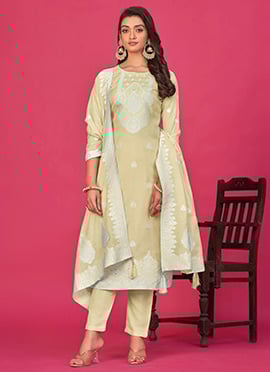 Straight Pant Suit With Dupatta In Cream Organza Thread Woven Indian Wear