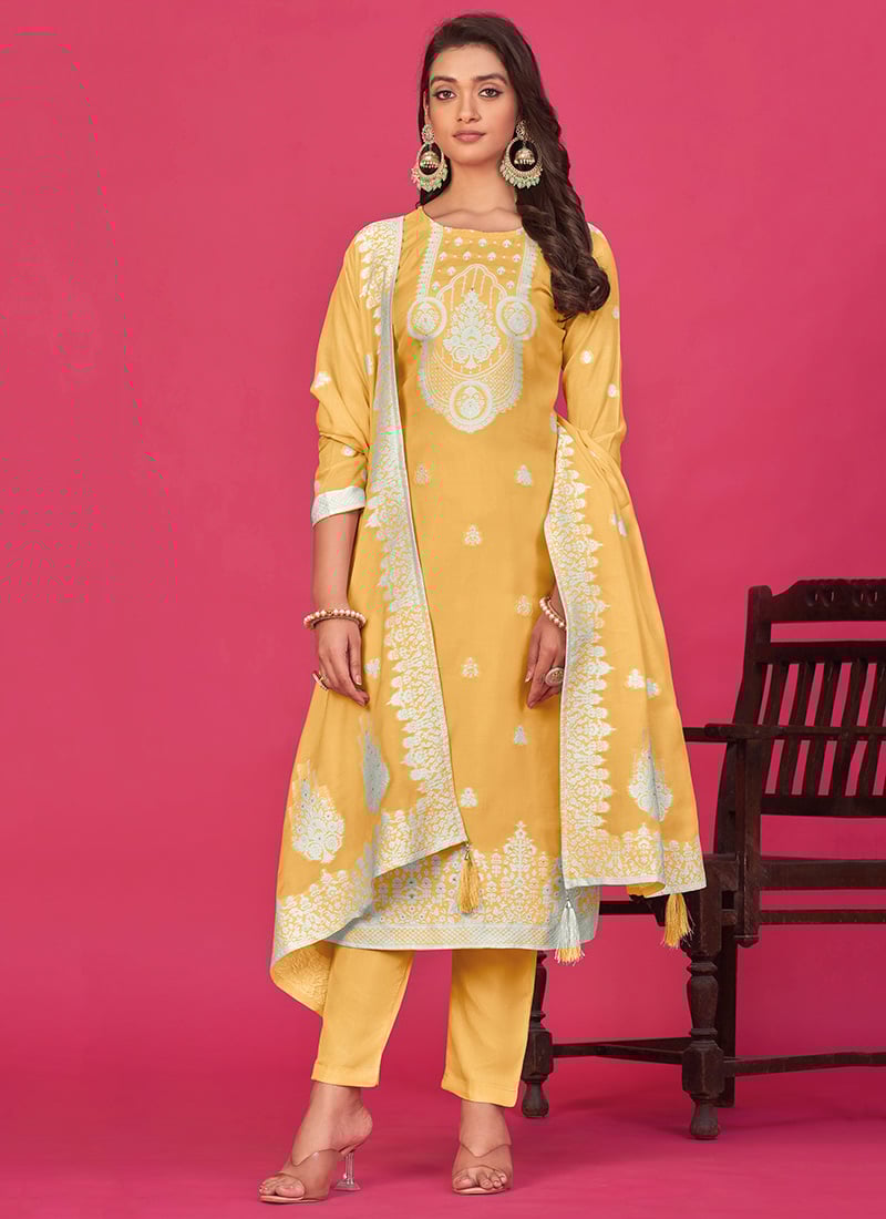 Straight Pant Suit With Dupatta In Mustard Organza Thread Woven Indian Wear After Six Wear
