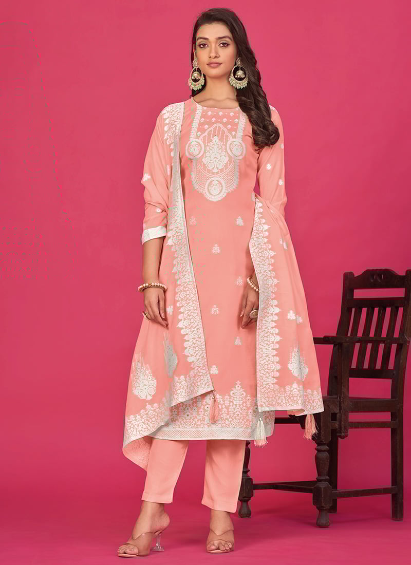 Straight Pant Suit With Dupatta In Peach Organza Thread Woven Indian Wear After Six Wear