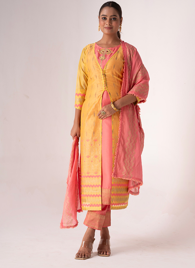 Straight Pant Suit With Dupatta In Peach Silk Printed Embroidered Party Wear
