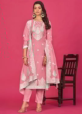 Straight Pant Suit With Dupatta In Pink Organza Thread Woven Indian Wear
