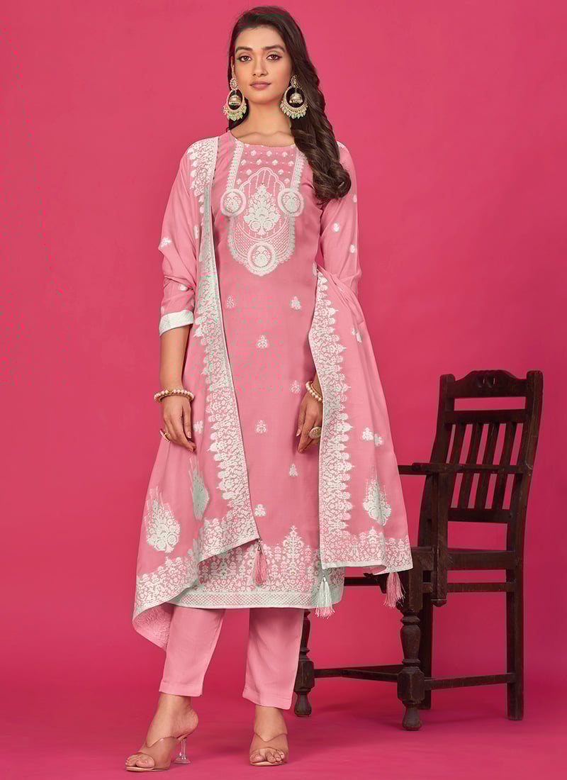 Straight Pant Suit With Dupatta In Pink Organza Thread Woven Indian Wear After Six Wear