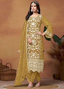 Straight Pant Suit Women In Mustard Organza Embroidered Sequins Bell Sleeve