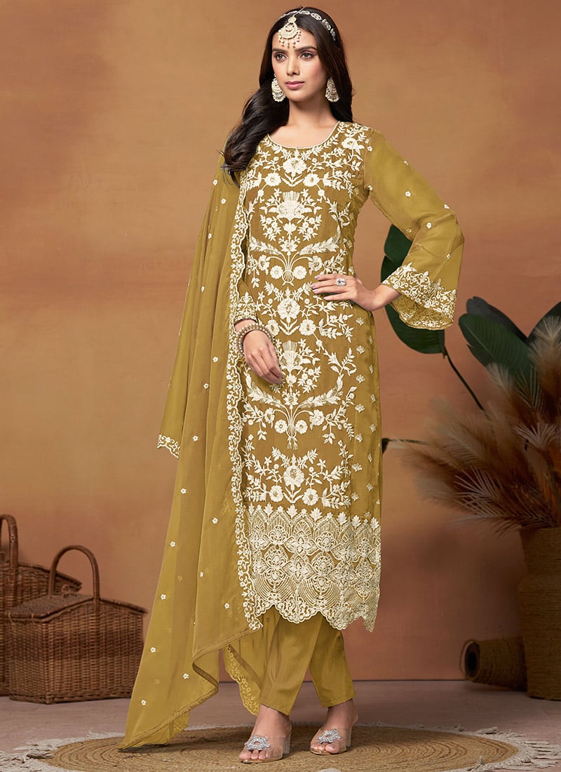 Straight Pant Suit Women In Mustard Organza Embroidered Sequins Bell Sleeve Party Wear