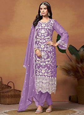 Straight Pant Suit Women Lavender Organza Embroidered Sequins Bell Sleeve