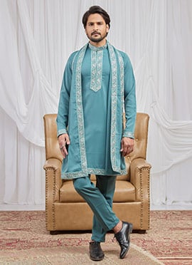 Striking Teal Armani Hand Embroidered Lace Kurta Pyjama