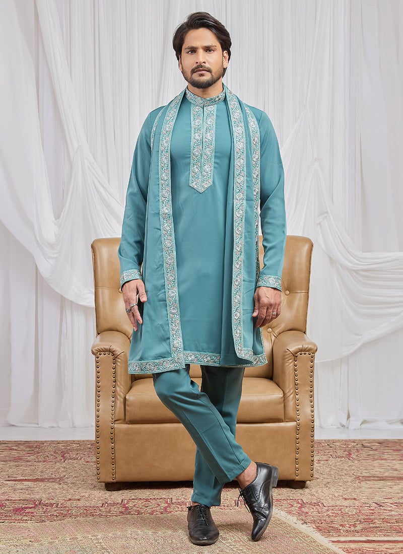 Striking Teal Armani Hand Embroidered Lace Kurta Pyjama Wedding Wear