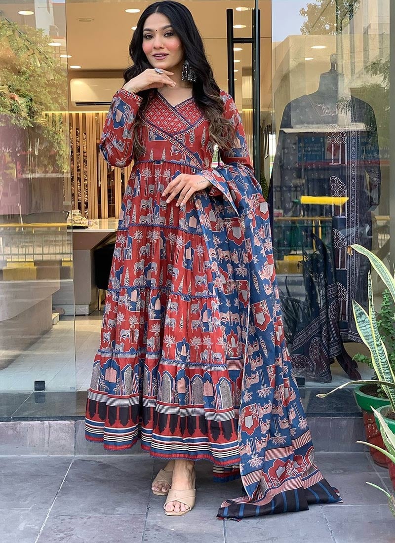 Stunning Anarkali Suit In Maroon Muslin With Print After Six Wear