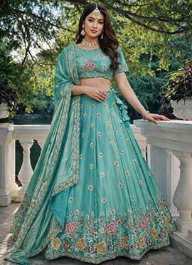 Stunning Aqua Blue Silk Sequins Embroidered Thread Umbrella Lehenga