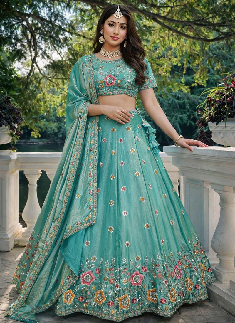 Stunning Aqua Blue Silk Sequins Embroidered Thread Umbrella Lehenga Wedding Wear