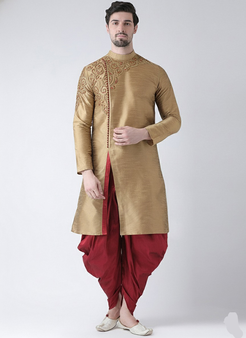 Stunning Beige Dupion Silk Embroidered Kurta Pyjama Festive Wear