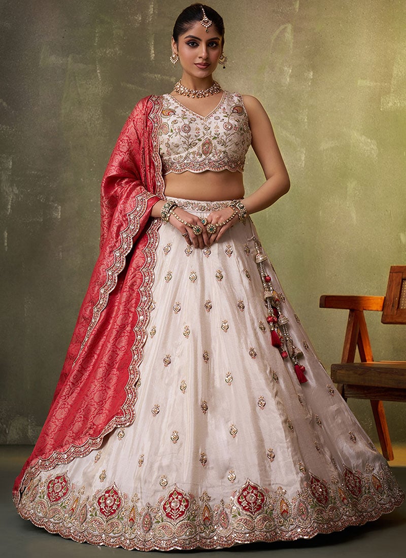 Stunning Beige Tissue Embroidered Sequins And Beads Work Lehenga Wedding Wear