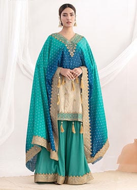 Stunning Beige Viscose Bandhini Print Zari Embroidered Sequins Sharara Suit