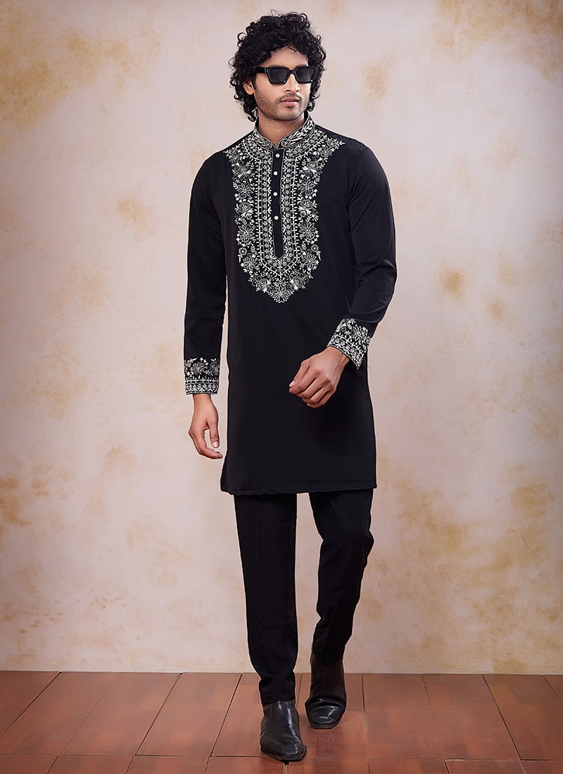 Stunning Black Armani Embroidered Thread Mirror Work Kurta Pyjama Festive Wear