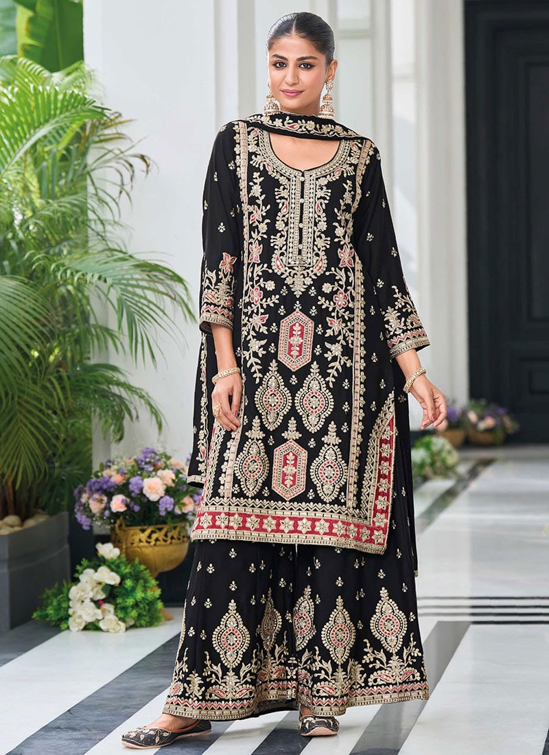 Stunning Black Chinon Embroidered Sequins Pakistani Palazzo Suit Festive Wear