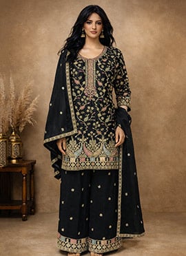 Stunning Black Chinon Embroidered Sequins Palazzo Suit