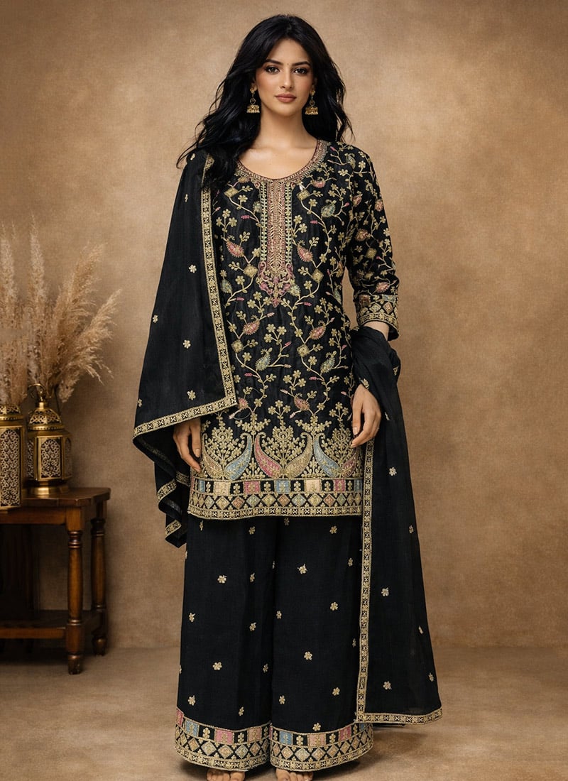 Stunning Black Chinon Embroidered Sequins Palazzo Suit Festive Wear