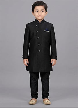 Stunning Black Dupion Silk Kids Boys Indowestern Sherwani
