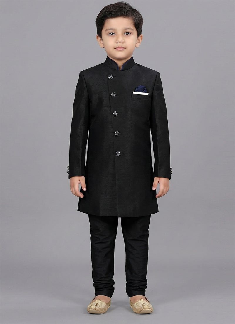 Stunning Black Dupion Silk Kids Boys Indowestern Sherwani Festive Wear
