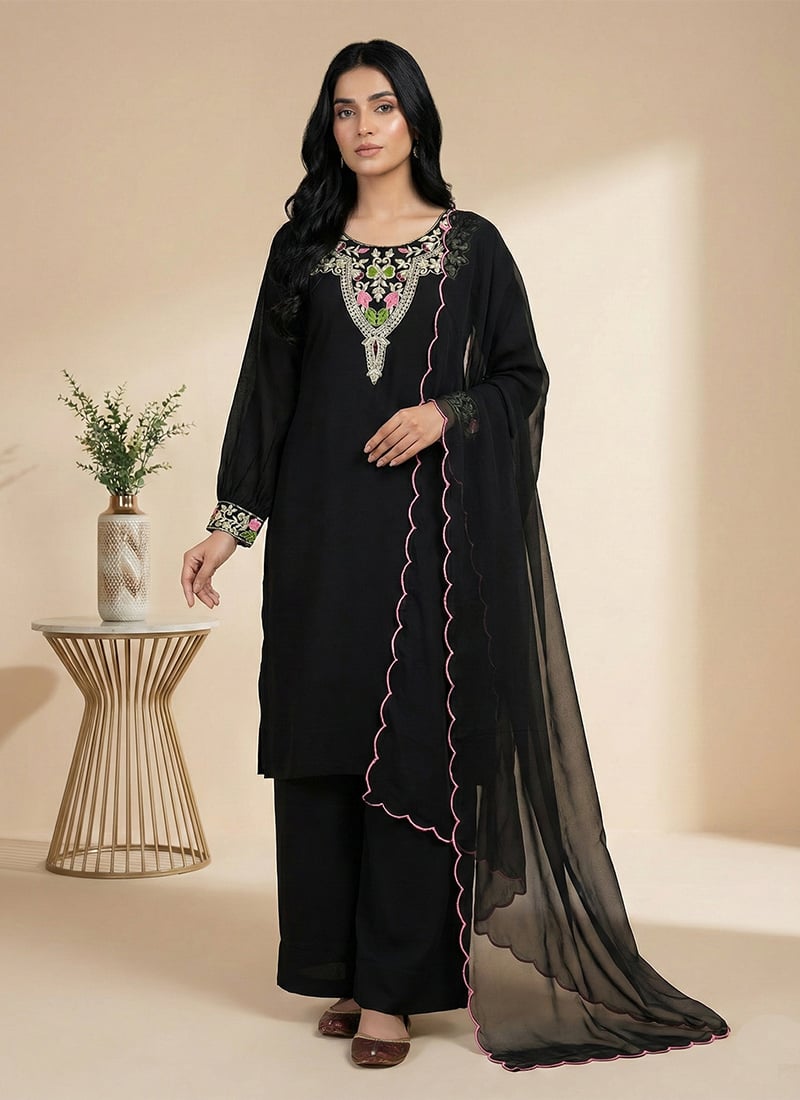 Stunning Black Faux Georgette Embroidered Sequins Palazzo Suit Festive Wear