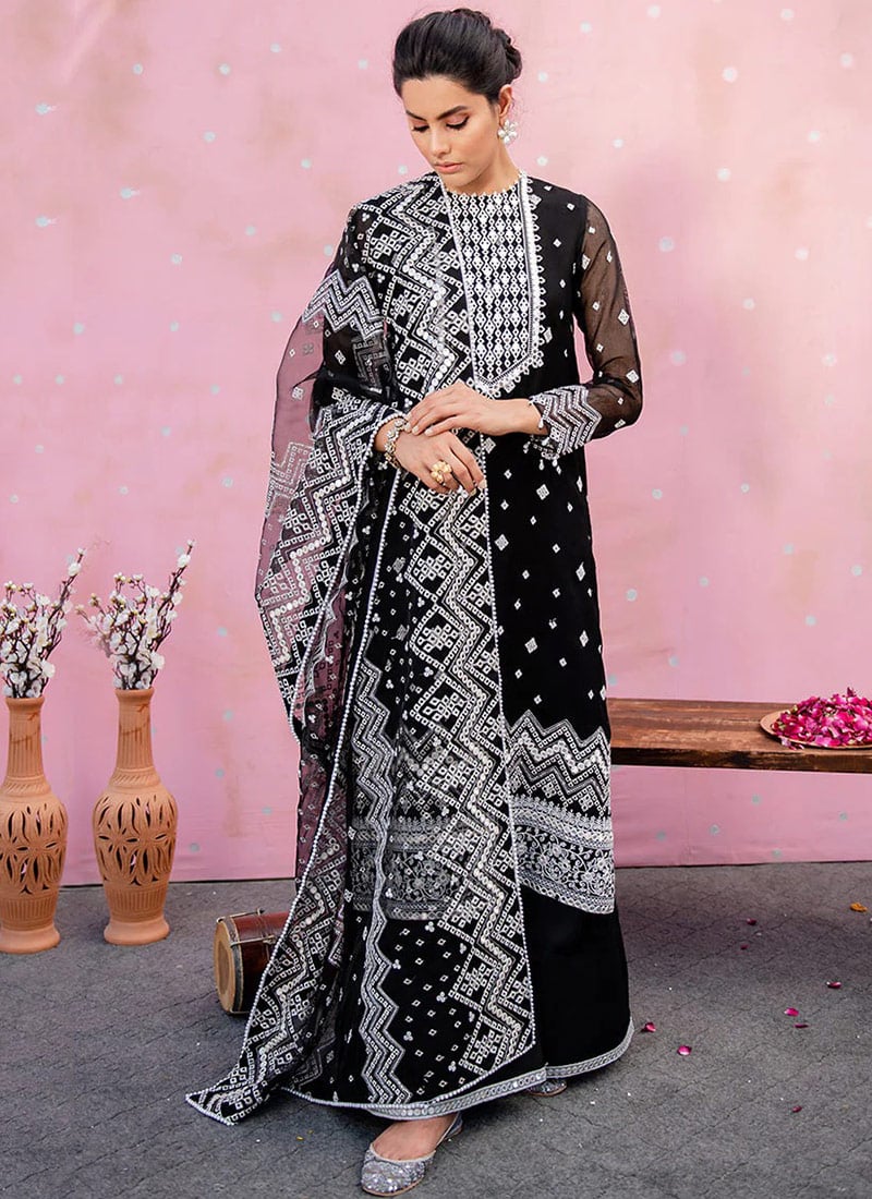 Stunning Black Heavy Embroidered Organza Palazzo Suit Party Wear
