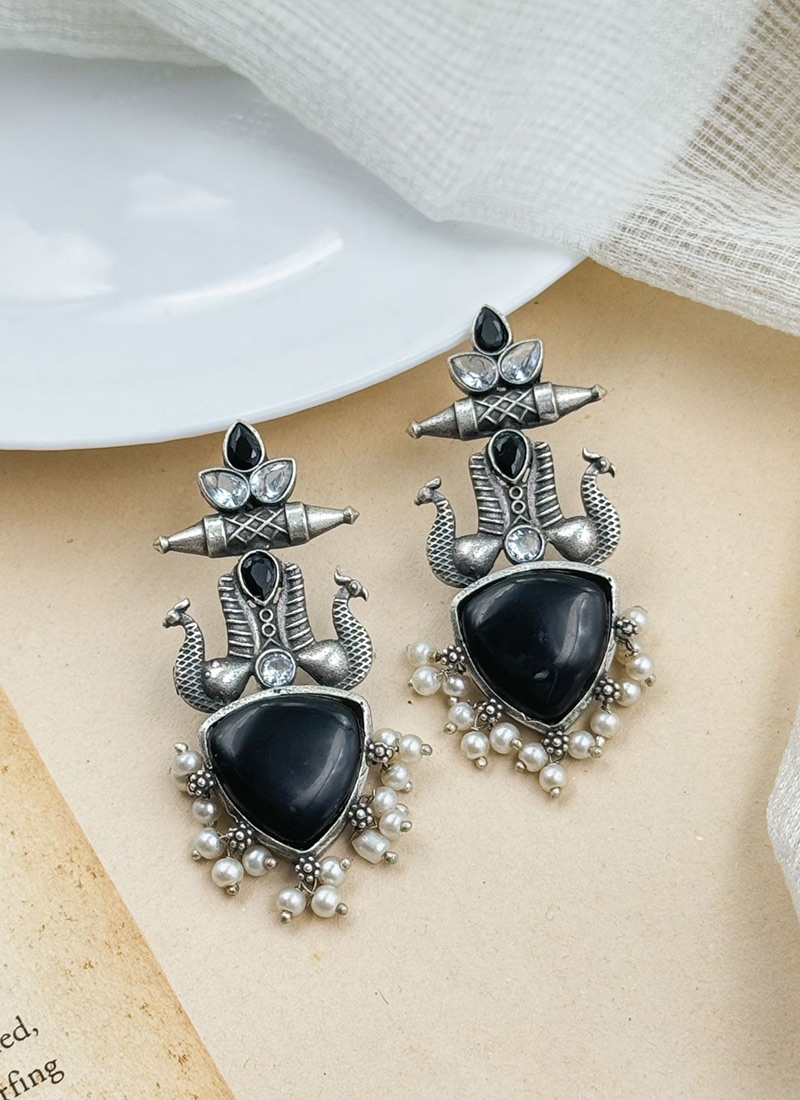 Stunning Black Kundan Motif Statement Dangler Earrings Festive Wear