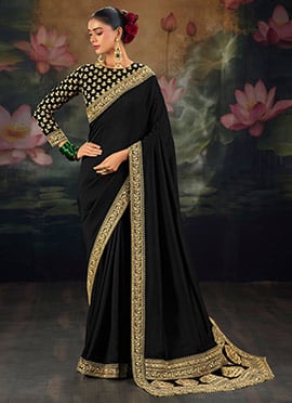 Stunning Black Muga Silk Zari Sequins Resham Embroidered Saree