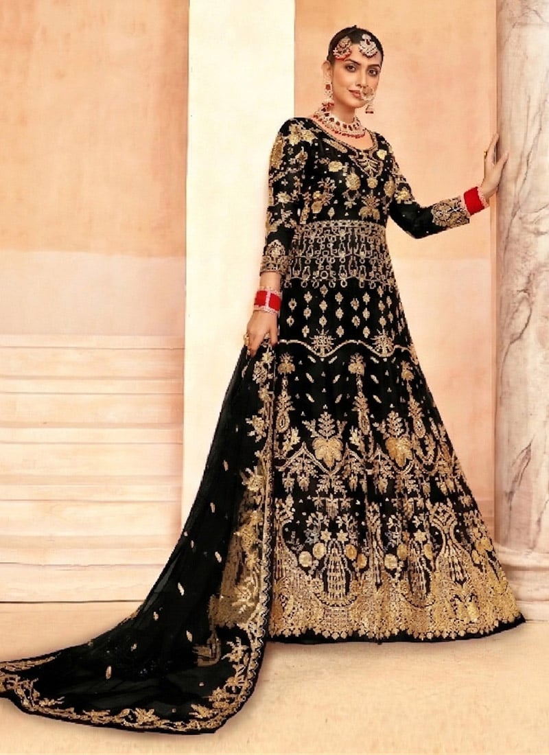 Stunning Black Net Embroidered Sequins Anarkali Suit Festive Wear