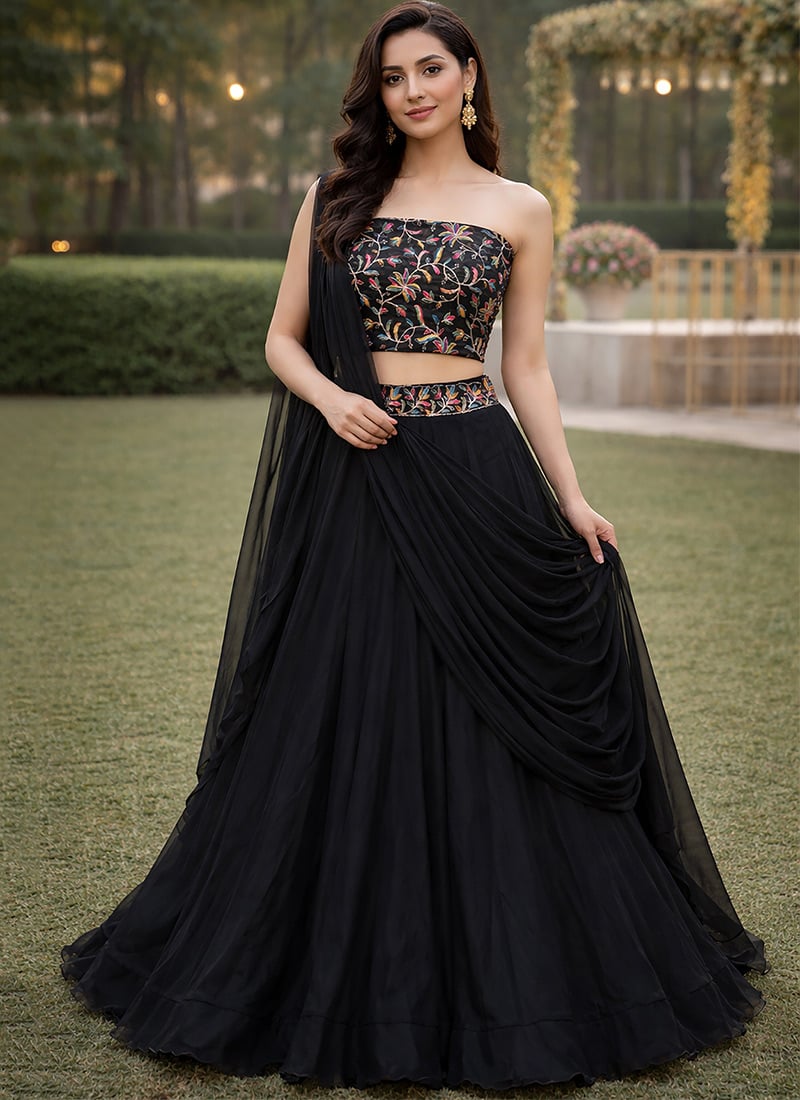 Stunning Black Rangoli Silk Multicolor Floral Embroidery With Thread Work Umbrella Lehenga After Six Wear
