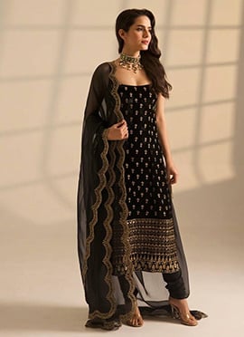 Stunning Black Satin Zari Embroidered Sequins Straight Pant Suit