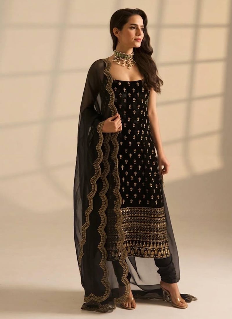 Stunning Black Satin Zari Embroidered Sequins Straight Pant Suit Festive Wear