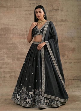 Stunning Black Super Satin Silk Sequins Zari Embroidered Resham Thread Umbrella Lehenga