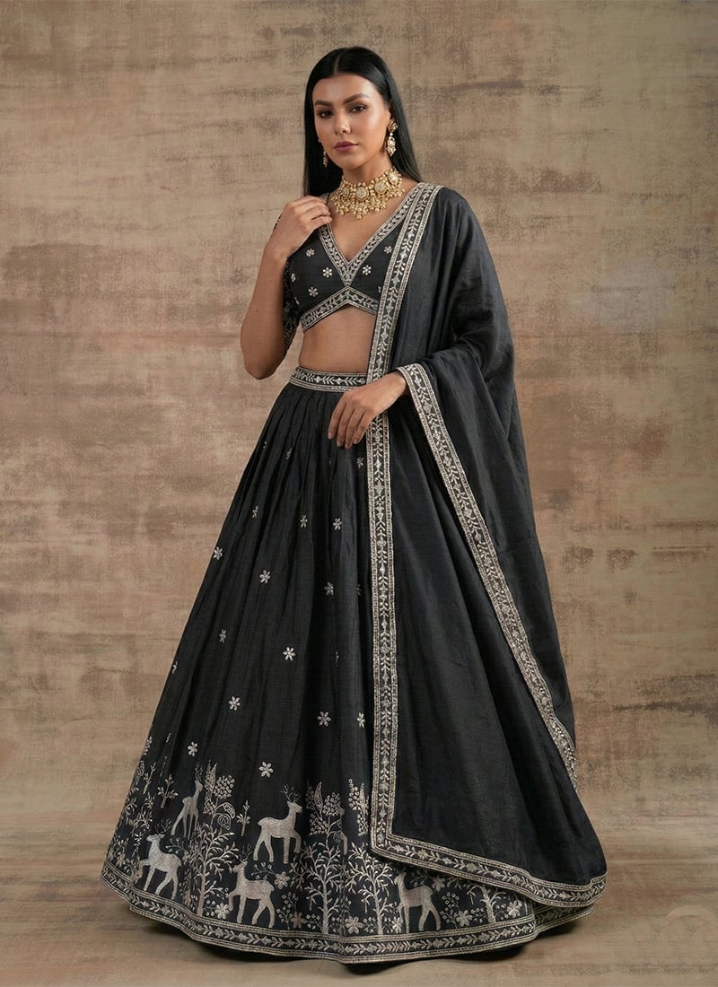 Stunning Black Super Satin Silk Sequins Zari Embroidered Resham Thread Umbrella Lehenga Wedding Wear