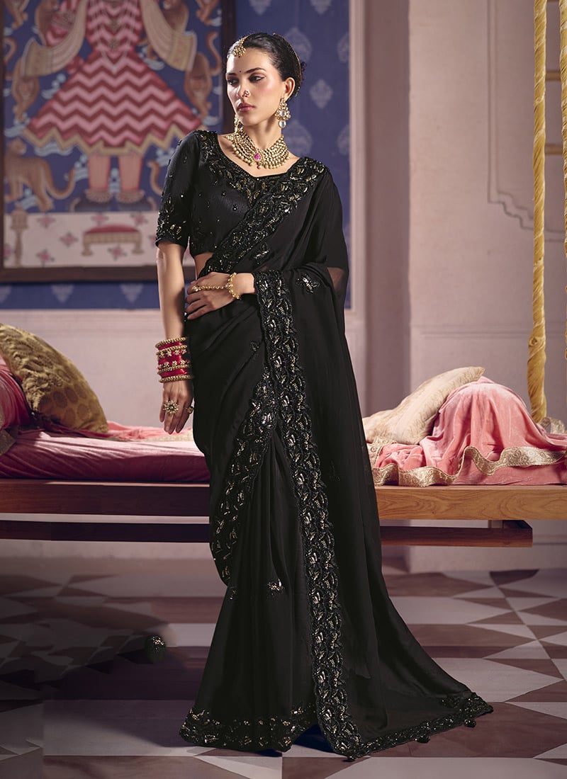 Stunning Black Viscose Organza Beads Embroidered Sequins Saree Wedding Wear