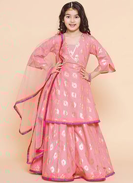 Stunning Blended Cotton Foil Printed Kids Girls Umbrella Lehenga
