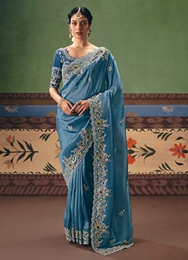 Stunning Blue Art Silk Embroidered Sequins Stones Beads Saree