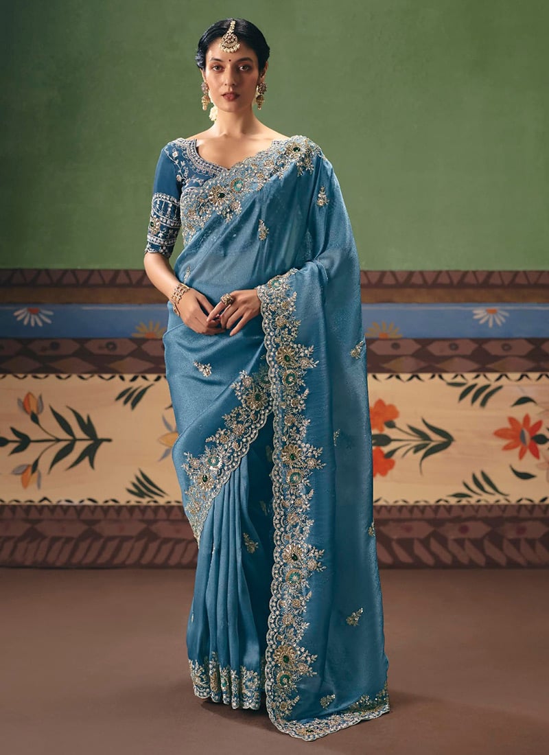 Stunning Blue Art Silk Embroidered Sequins Stones Beads Saree Wedding Wear