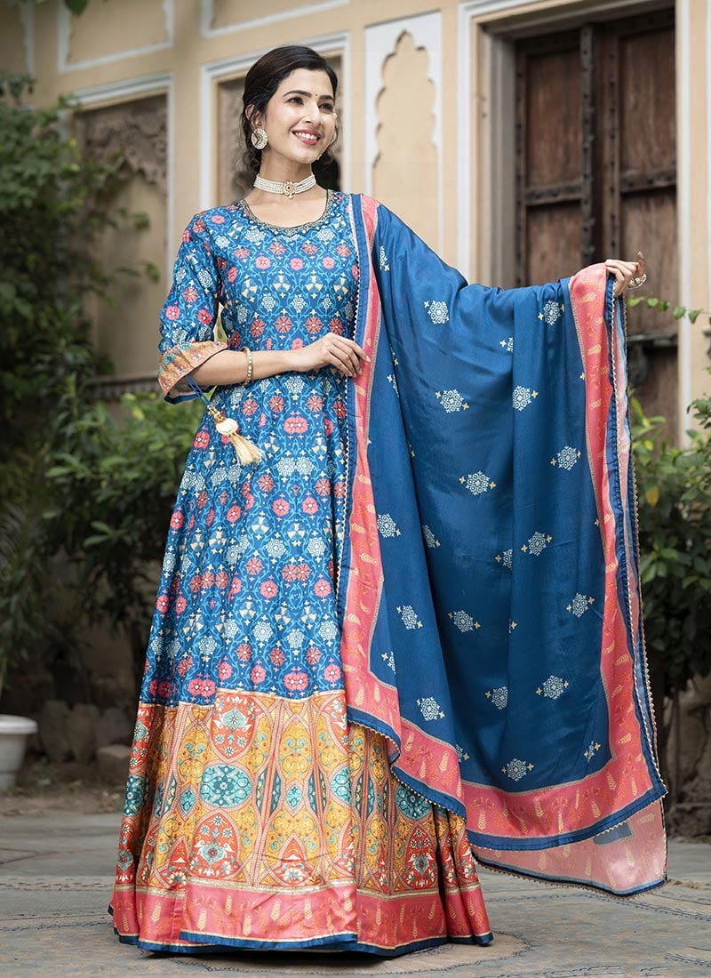 Stunning Blue Dola Silk Digital Print Hand Embroidered Neck Anarkali Suit Festive Wear