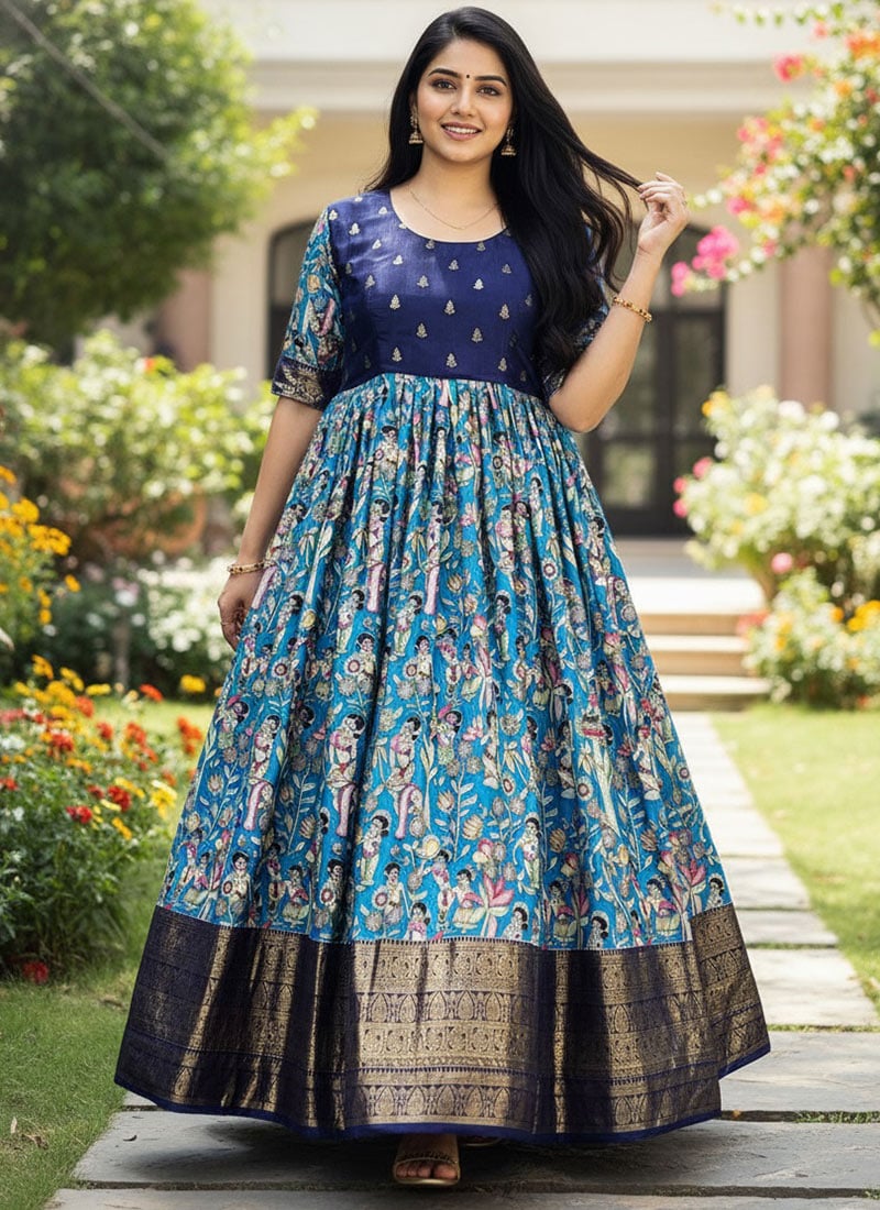Stunning Blue Dola Silk Kalamkari Print Foil Border Dresses and Gown After Six Wear