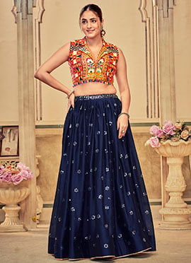Stunning Blue Embroidered Sequins Kutch Work Silk Chaniya Choli